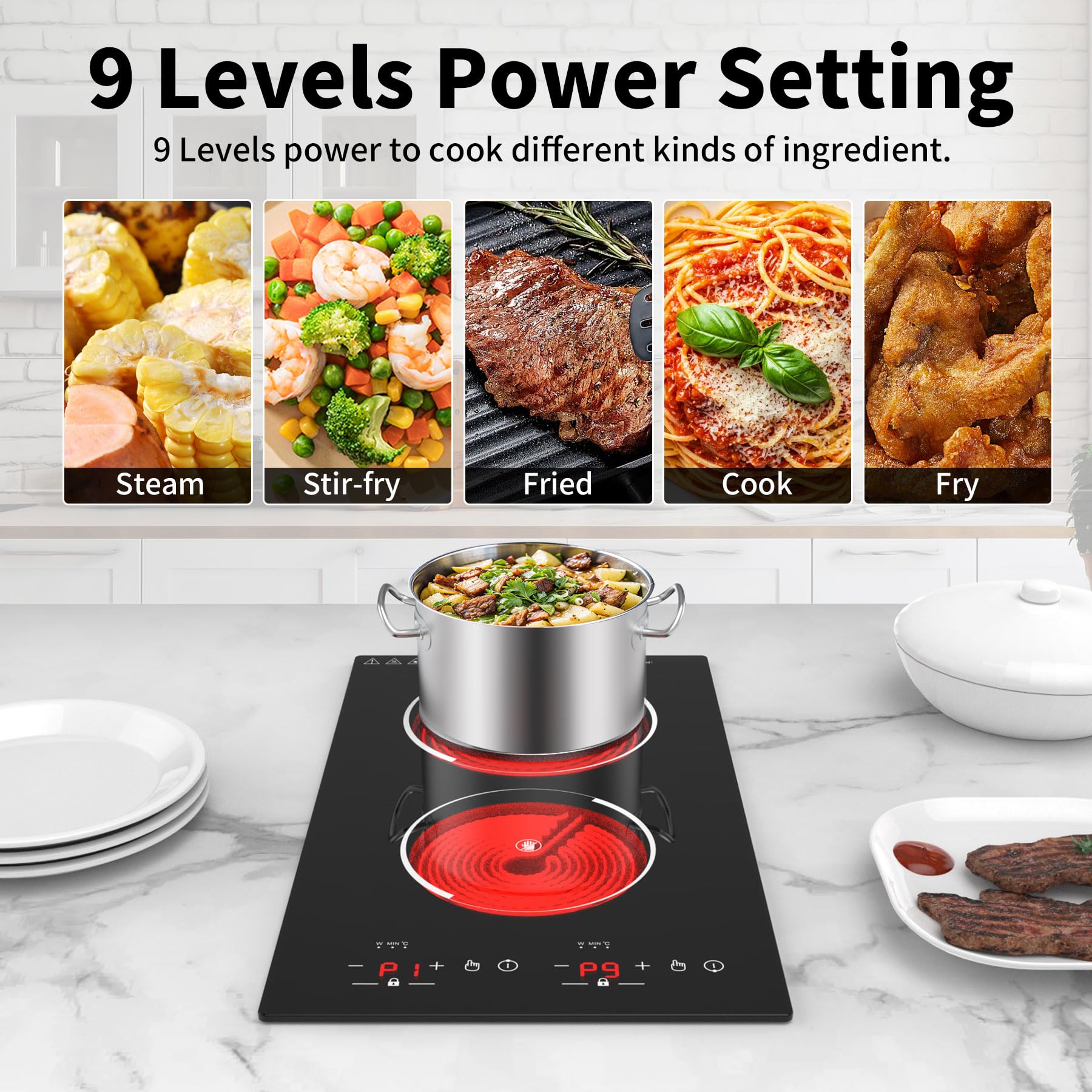 VBGK Electric Cooktop,12 Inch Built-in Radiant Electric Stove Top,110V 2100W 2 burner cooktop With 9 Heating Level, Timer & Kid Safety Lock, Sensor Touch Control 2 burner Induction Cooktop