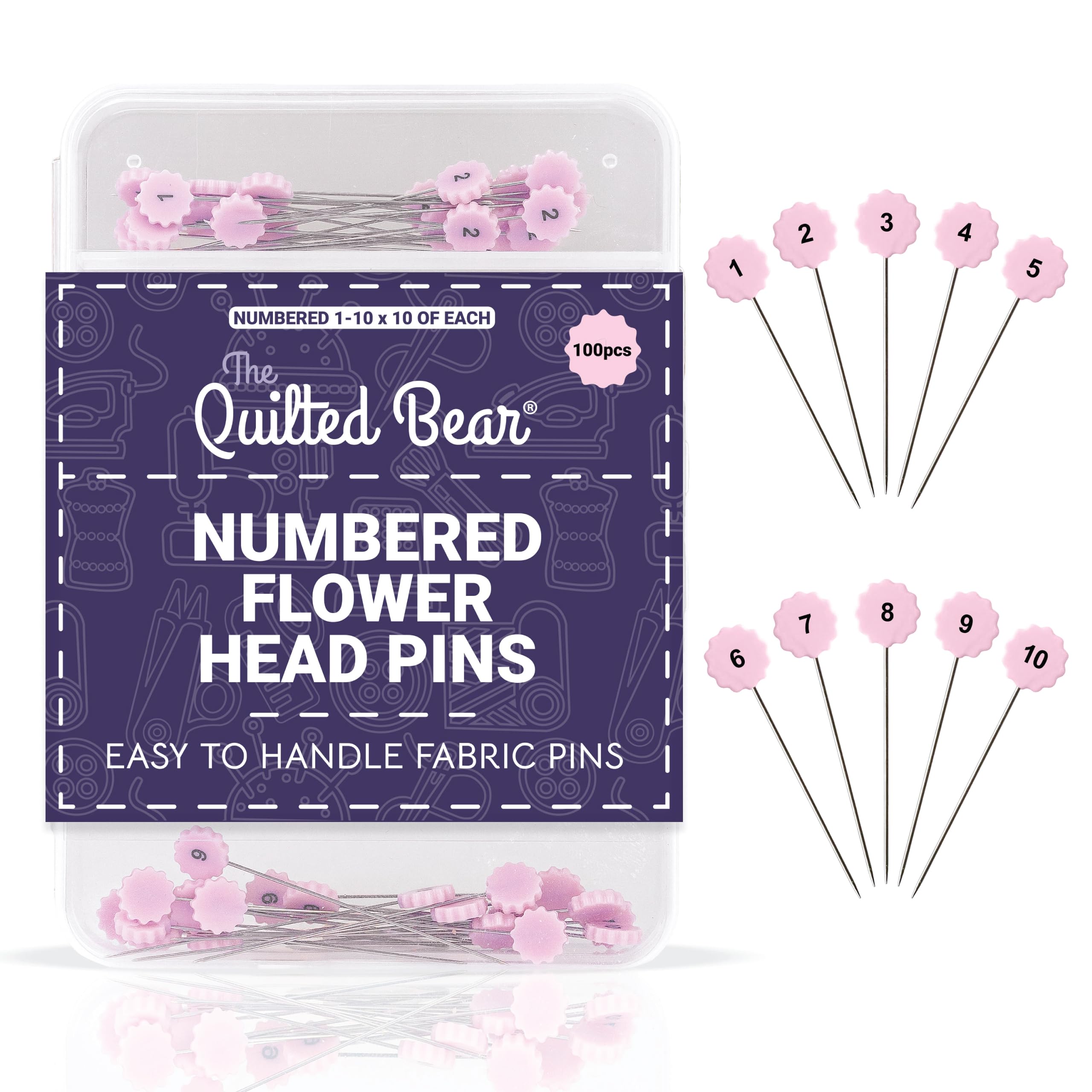 The Quilted Bear Numbered Flower Head Pins - 100 Pink Stainless Steel Sewing Pins with Pin Storage Box, Essential Quilting & Dressmaking Accessories
