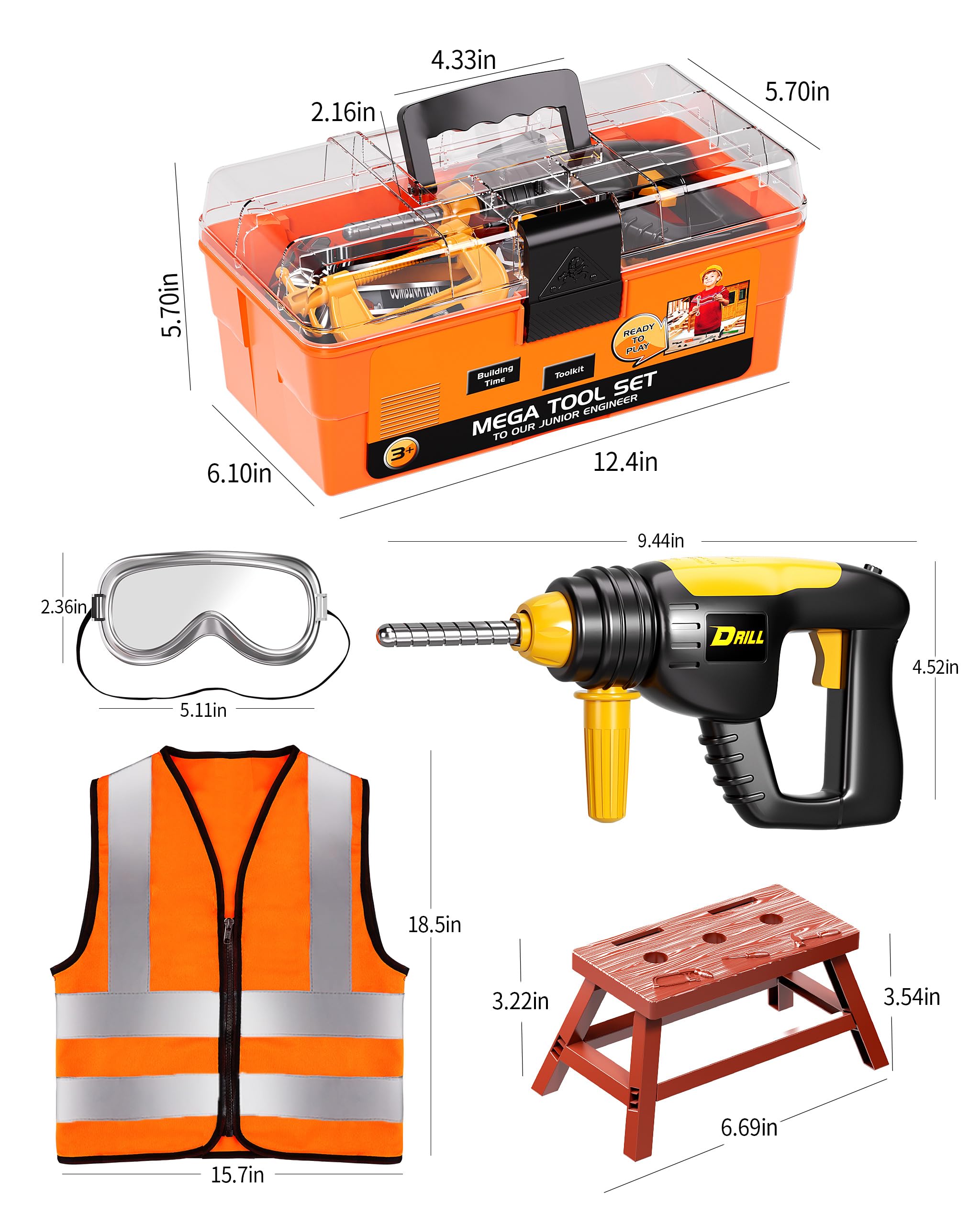 Deejoy Tool Set with Tool Box & Electronic Toy Drill, Pretend Play Kids Construction Kits for Kids Ages 3-5 Years Old, Toddler Boy Toys(Orange)