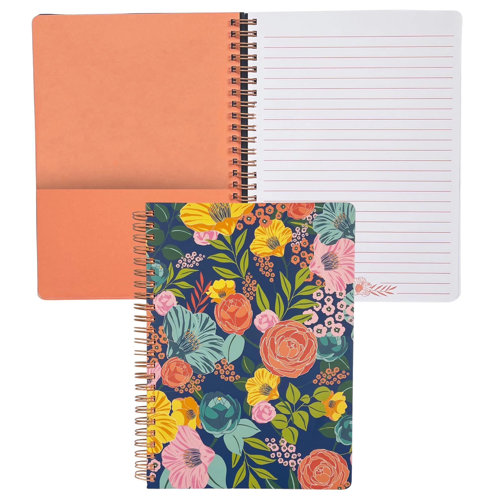 Steel Mill & Co Cute Floral Mini Spiral Notebook, 8.25" x 6.25" Journal with Durable Hardcover and 160 Lined Pages, Garden Blooms (Navy)