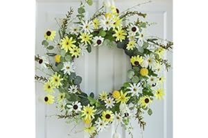 Hometrance Spring Wreath for Front Door with Yellow & White Flowers and Ball Berries, 20-22 Inch Outdoor Summer Wreath, Farmhouse Indoor Decor, Flower Wreath for Wedding Home Wall Window Porch