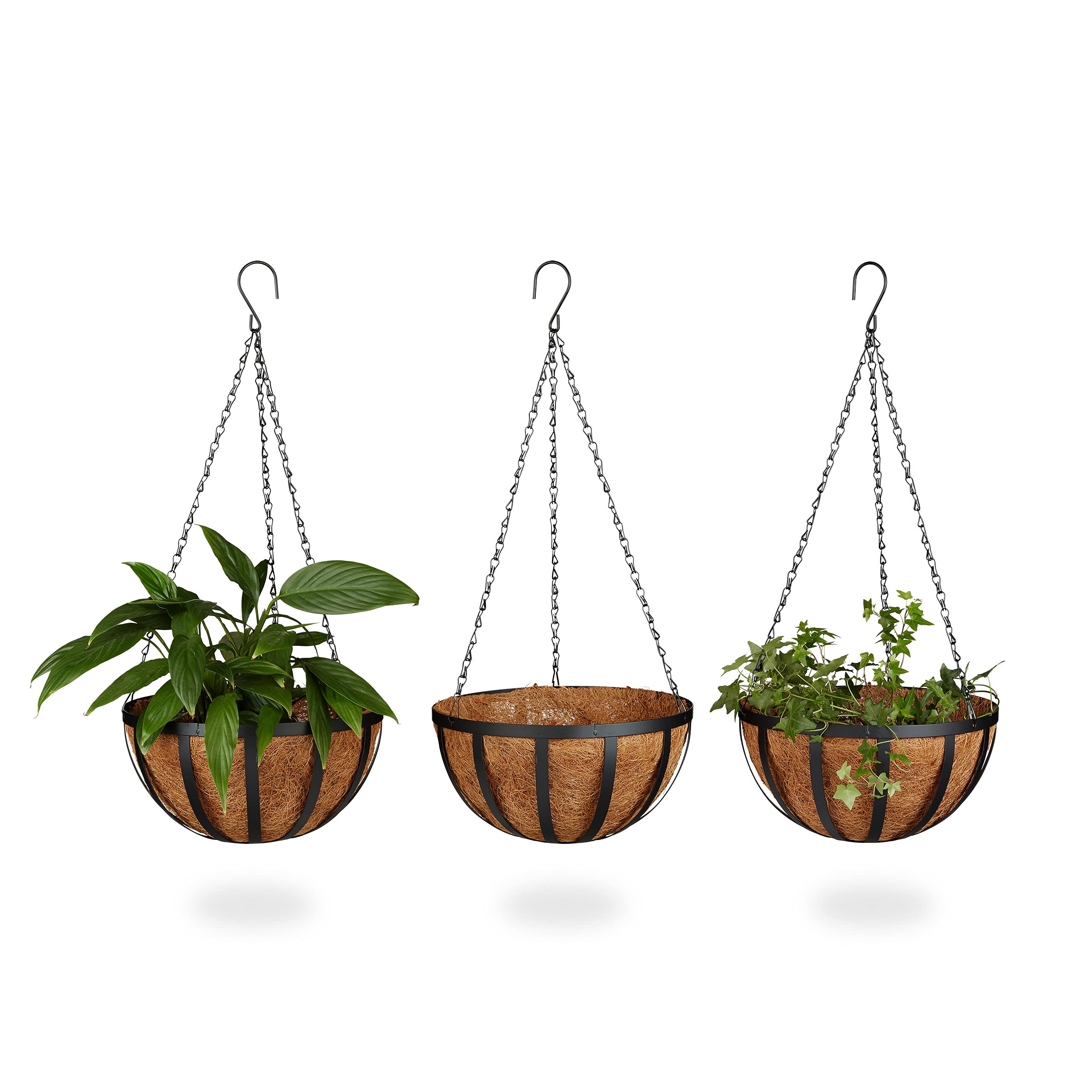 Relaxdays Set of 3 Hanging Flower Baskets, Coconut, 21 Litre Volume, with Chain, 30 cm Diameter, as Hanging Planters, Brown
