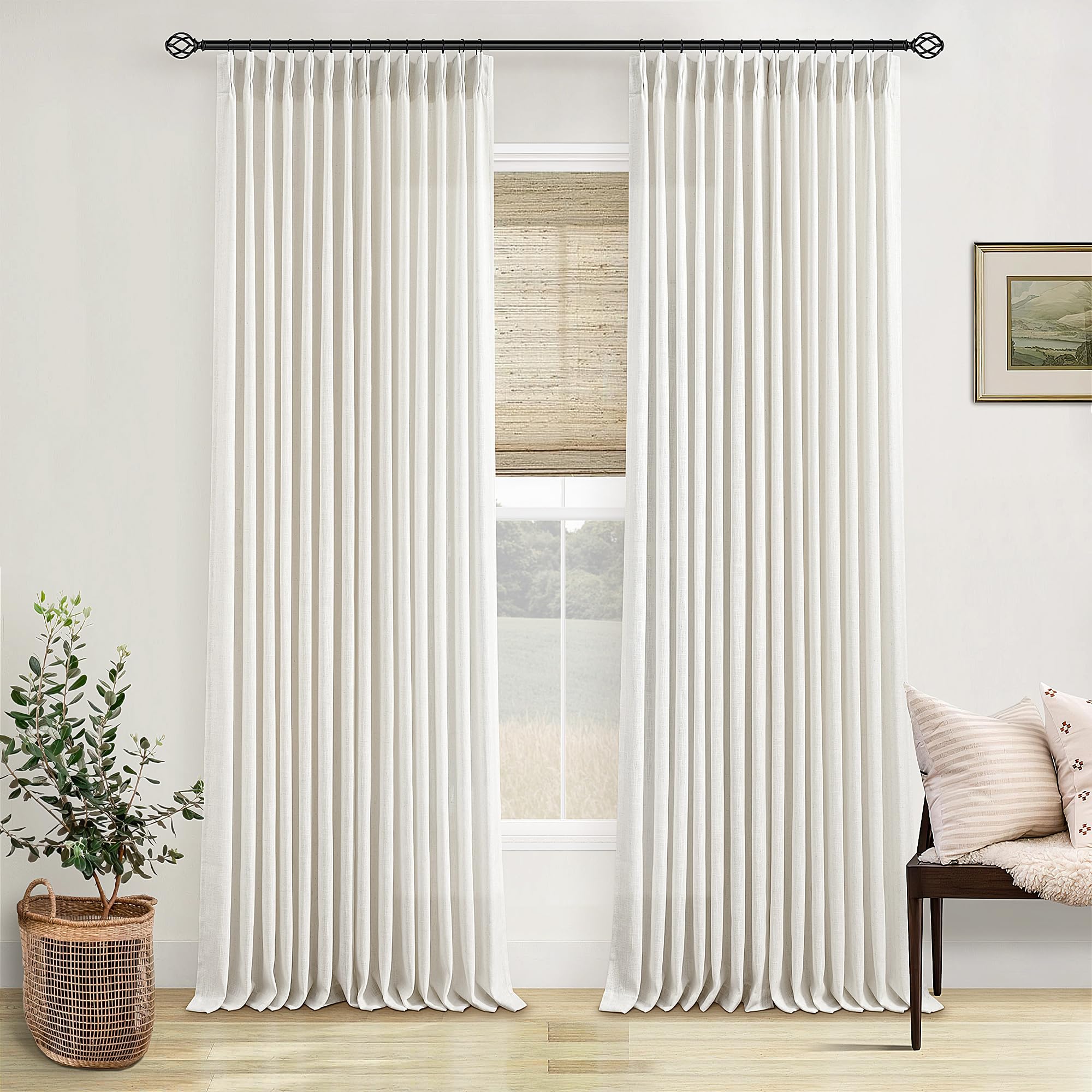 Photo 1 of Custom Made Pinch Pleated Linen Curtains 105 Inches Long for Living Room 2 Panels Set Cream Ivory Memory Pleated Drapes Back Tab Neutral Boho Ceiling Floor 105 Inch Window Curtains Natural Birch