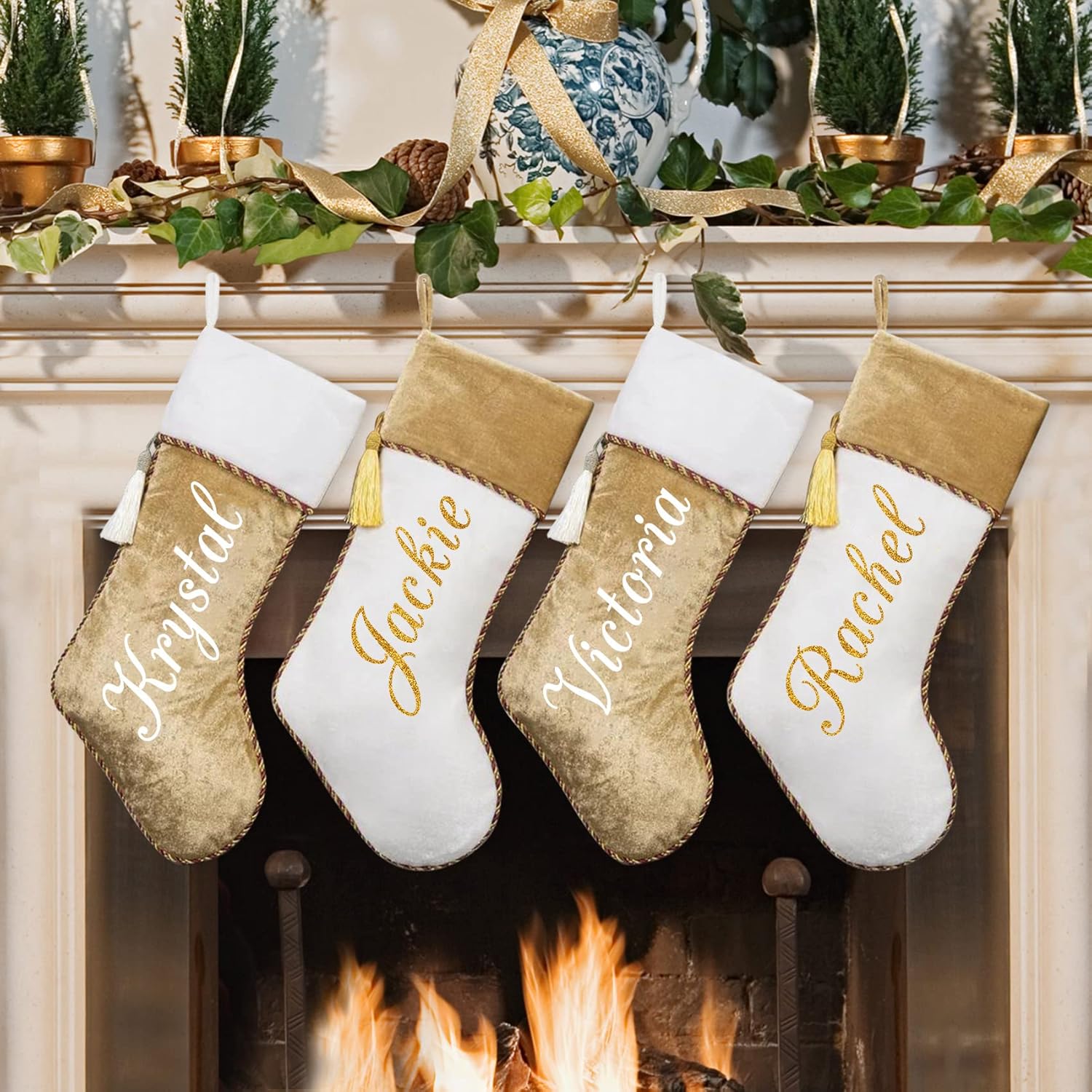 Stockings & Holders - Ugiftcorner Personalized Christmas Stockings 4 Pack Gold and White Christmas Stockings Velvet Stockings with Tassel for Family Kids Large Christmas Stockings Xmas Farmhouse Fireplace Hanging