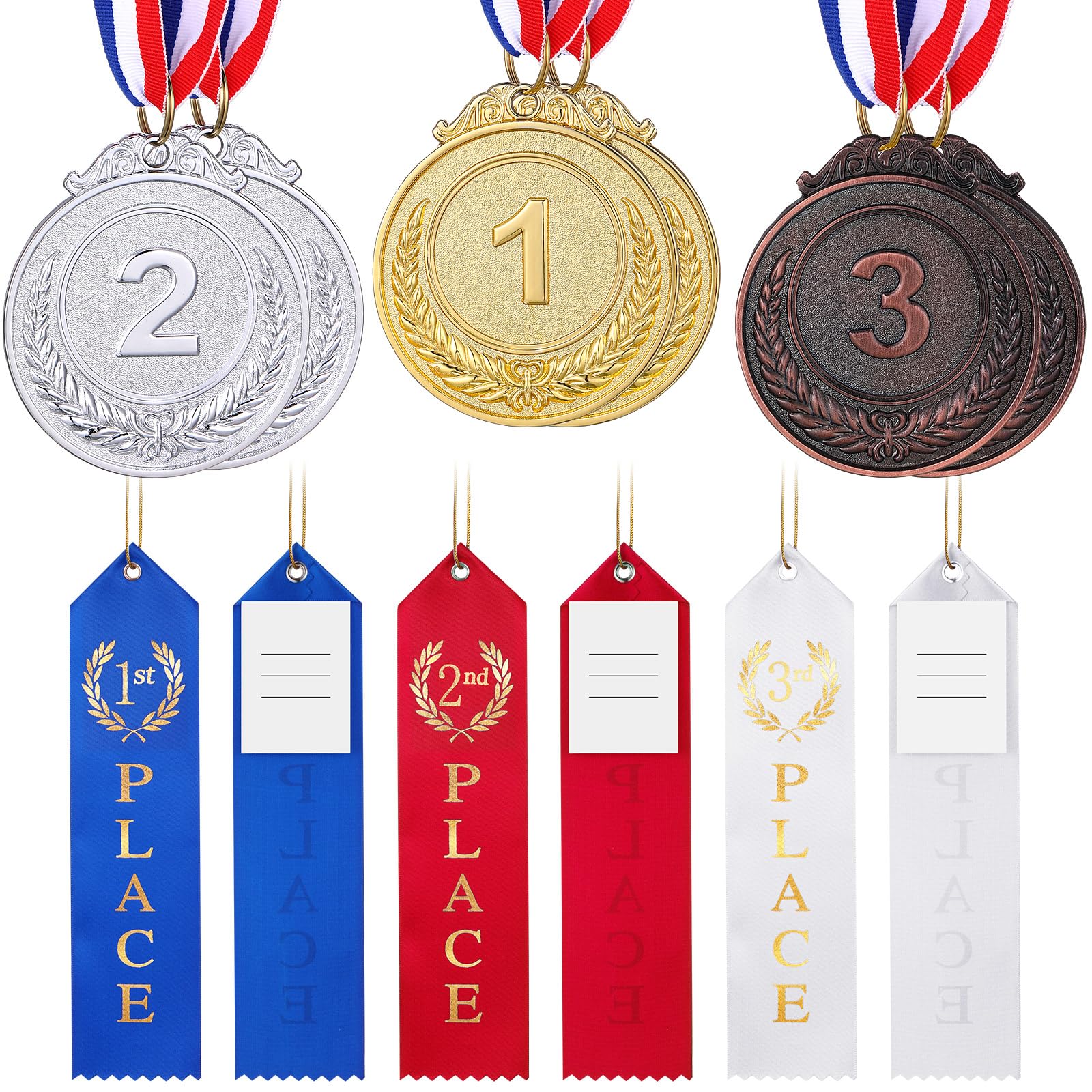 Photo 1 of Tondiamo 6 Pcs Award Medals and 6 Pcs Award Ribbons for 1st, 2nd, 3rd Place, Prize Ribbons with Event Card and Rope, Game Awards Medals for Volleyball Football Baseball Sports Event, School Activity