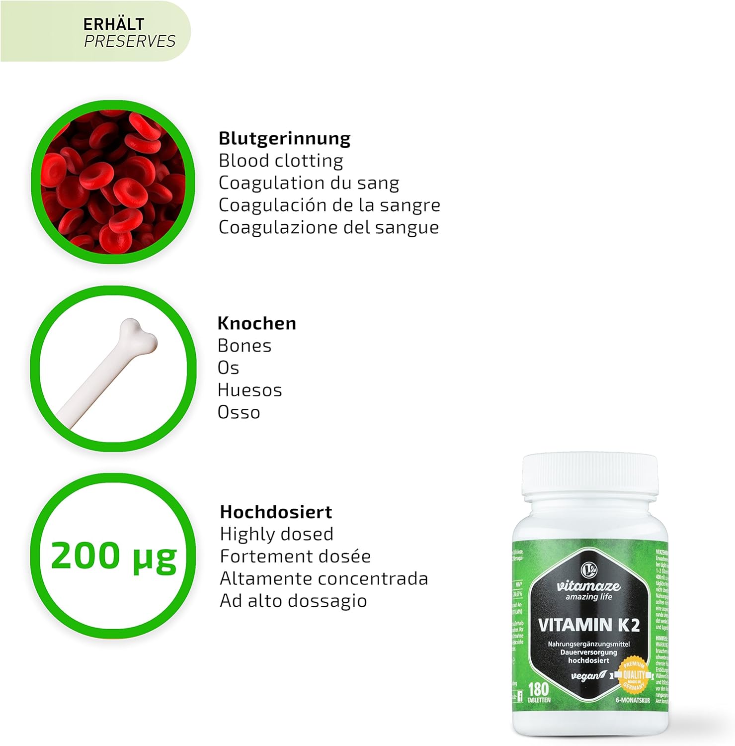 Vitamin K2 MK-7 200 mcg Vegan & High Strength Menaquinone, 180 Tablets for 6 Months, German Quality - Image 4