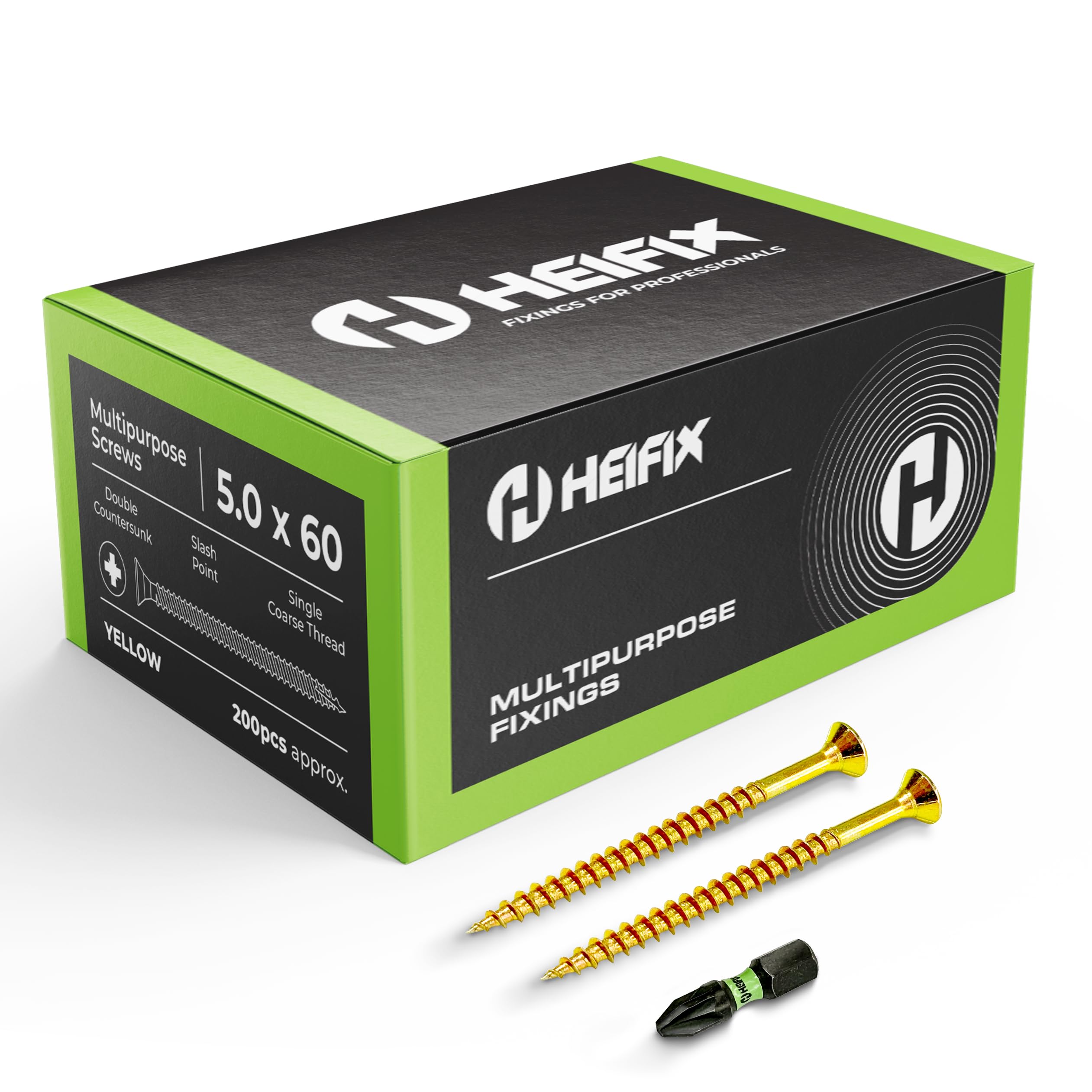 Heifix Multi-Purpose Wood Screws - FREE Screw Bit Included (QTY 200, 5mm x 60mm) Pozi Double Countersunk — image 1