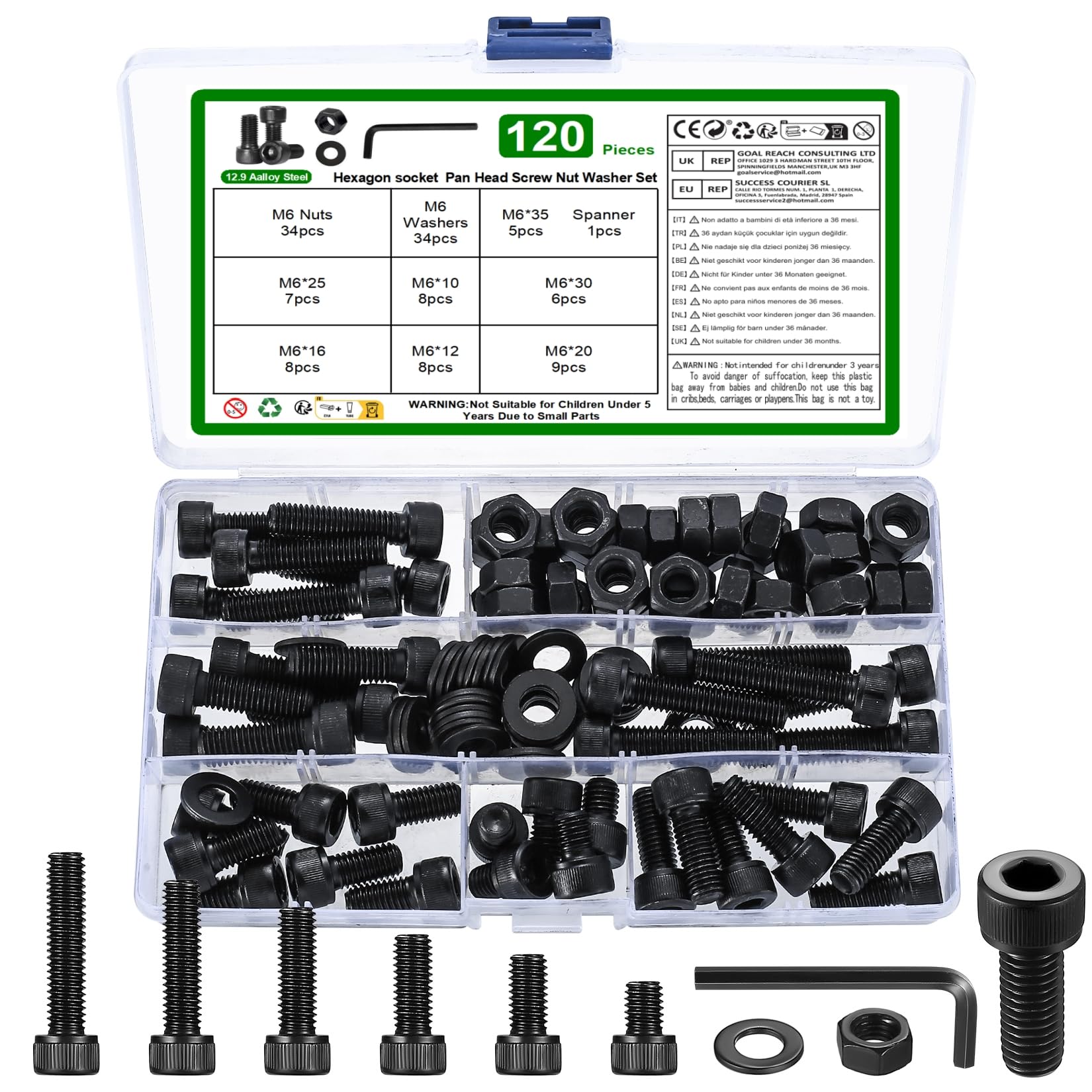 120 Pcs M6 Nuts and Bolts Set, Hex Socket Head Cap Screws Bolts and Nuts Set, Assorted Bolts and Nuts and Washers Assortment Kit, DIN912 Machine Screws Set, Hex Socket Cap Head Screws Bolts Set — image 1