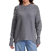 Froggirl Women's Chunky Knit Oversized Sweater Drop Shoulder Long Sleeve Ribbed Crewneck Pullover with Pearls
