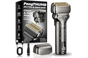 PongTHUMB Electric Razor for Men Face: Rechargeable Foil Shaver with Push-Up Trimmer - Cordless Wet/Dry/Anti-Slip Waterproof Shavers with LED Display - Metal Handheld Design, Gray Silver