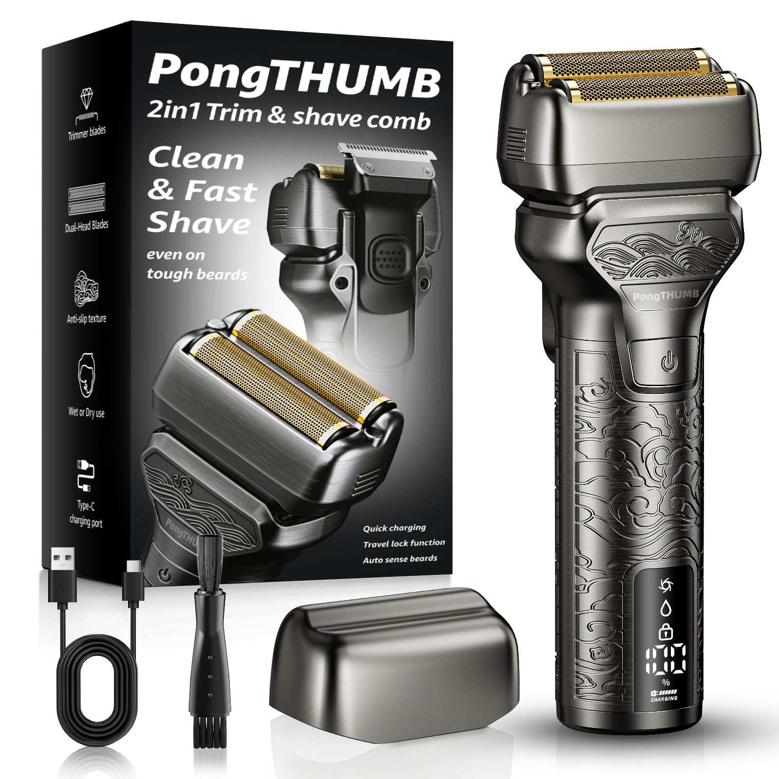 Photo 1 of PongTHUMB Electric Razor for Men with Pop-Up Trimmer: Rechargeable Cordless Foil Shaver for Face - Wet/Dry/Anti-Slip Waterproof Shavers with LED Display - Metal Handheld Design Light Gray