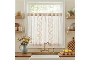 jinchan Belrose Linen Floral Kitchen Curtains 36 inch Length Embroidered Farmhouse Cafe Curtains for Living Room Bathroom Small Windows Curtain Set Sheer Light Filtering 2 Panels Beige