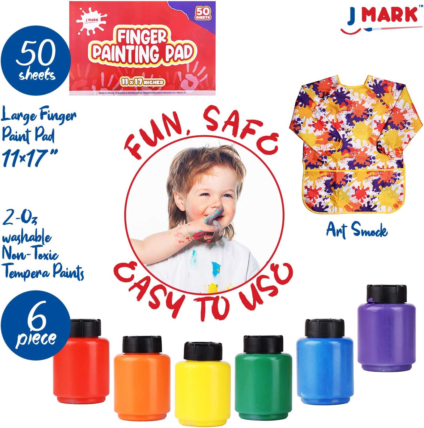 Washable Finger Paint Set for Kids – 8-Piece Set with 50-Sheet Large Paper Pad, 6 Non Toxic Washable Tempera Paints and Art Smock: Home Improvement