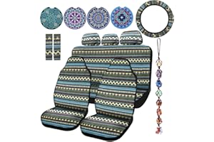 Frienda Baja Saddle Blanket Car Seat Covers Full Set Multicolor Stripe Boho Steering Wheel Cover Seat Belt Pads Crystal Hanging Ornament Automotive Interior Universal Fit Most Cars(Bohemia Style)