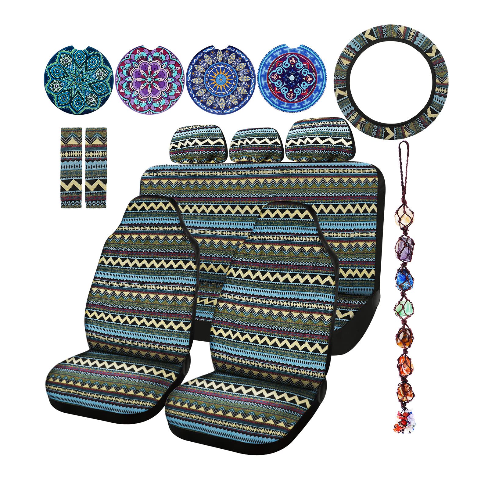 Photo 1 of Frienda 14 Pcs Baja Car Seat Covers Full Set Multicolor Stripe Boho Print Steering Wheel Cover Seat Belt Cover Crystal Hanging Ornament Car Holders Fits (Bohemia Style)