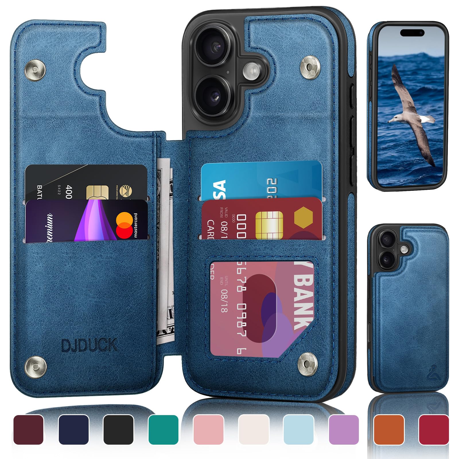 Photo 1 of DJDUCK Designed for iPhone 16 Plus Case Wallet with Card Holder, [Magnetic Clasp Cover] [RFID Blocking Leather Protection] Shockproof Women Men Cases 6.7 Inch for Apple 16 Plus Bright Blue