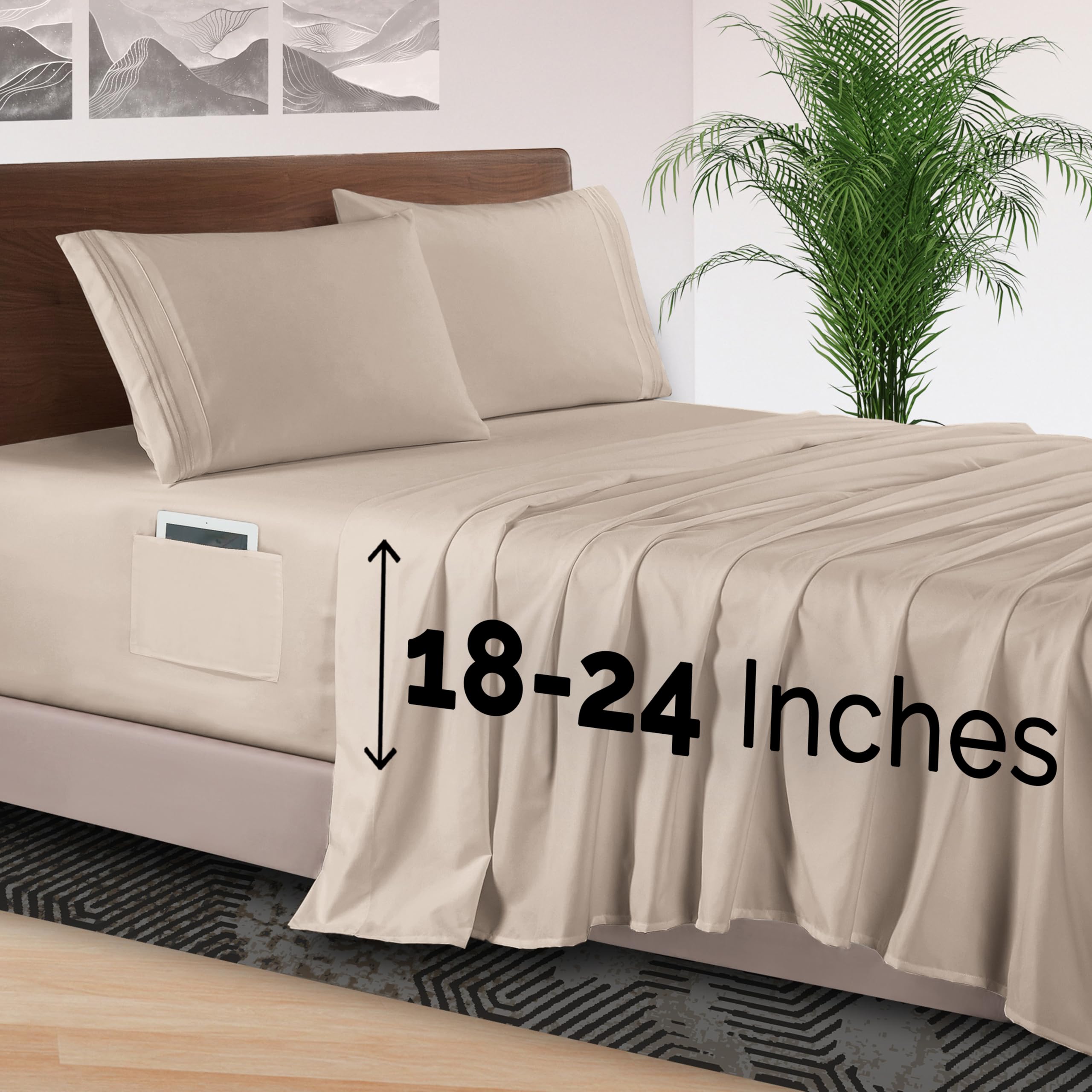 Elegant Comfort 4-Piece Bed Sheet Set - Luxury Bedding 1500 Premium Hotel Quality Microfiber, All Around Elastic 18-24 Inches Deep Fitted Sheet- Extra Deep Pocket Sheets, Twin/Twin XL, Cream Beige Image
