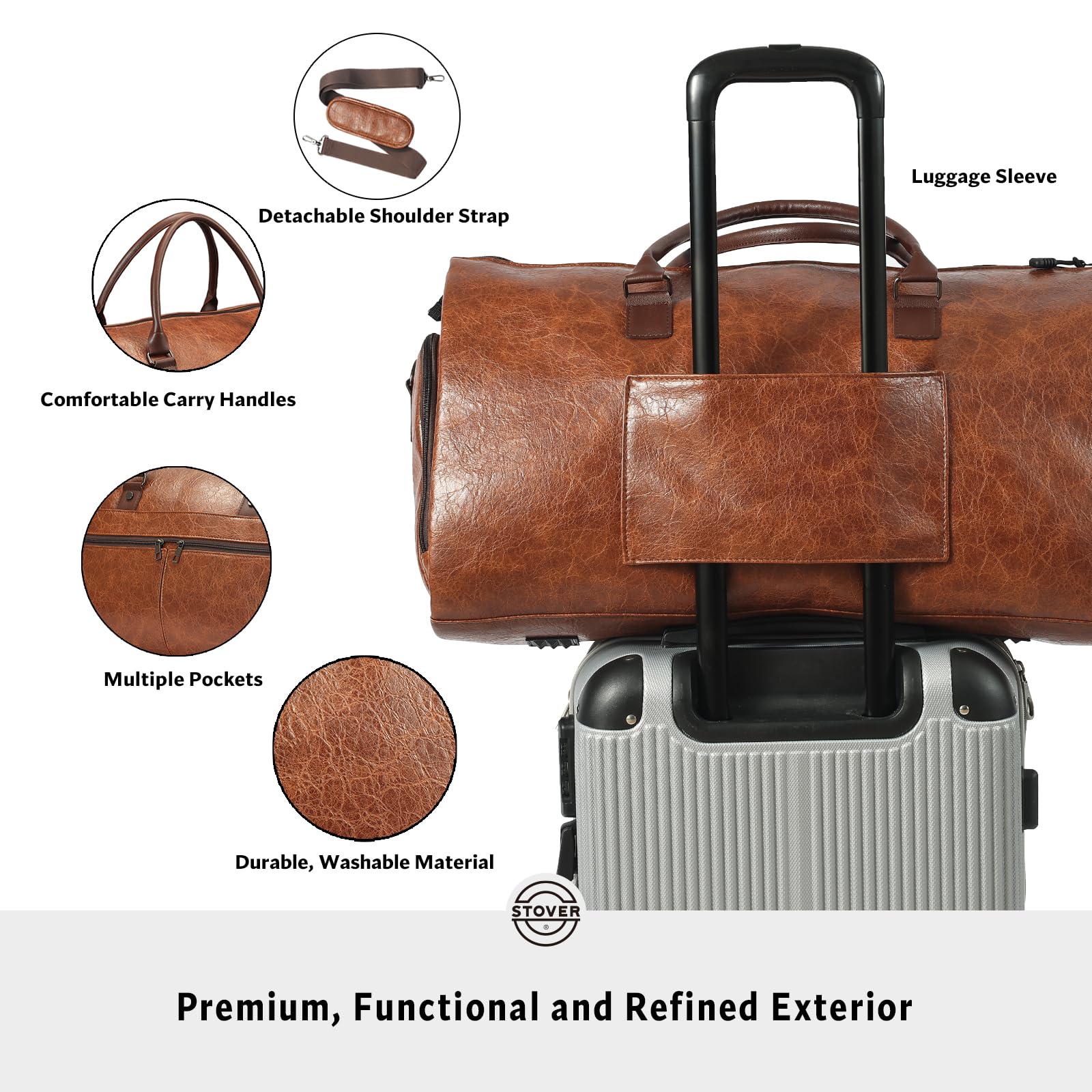 STOVER Garment Travel Duffle Bag, Large 2-in-1 Convertible Carry-on Luggage for Men & Women- Hanging Suits, Dresses & Clothes + Shoe Compartment- Weekender Tote Combo Duffel (Brown Leatherette)