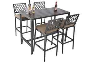 GS CHIER 5-Piece Outdoor Patio Bar Set, Bar Height Patio Dining Set, Weather-Resistant Bistro Counter Pub Set with Cushions & Slatted Tabletop for Backyard(Gray, 47" Table and 4 "X stools)