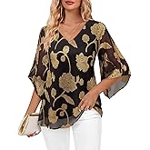 Bebonnie Womens Ruffle 3/4 Sleeve V Neck Double Layers Chiffon Blouses Dressy Tops