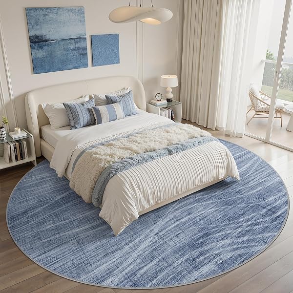 WITSHOCK 8FT ROUND RUGS FOR LIVING ROOM, MODERN STRIPED DESIGN AREA RUG, LARGE RUG FOR BEDROOM DINING ROOM OFFICE NURSERY, SOFT THIN NON-SLIP CARPETS FOR HOME DECOR, BLUE