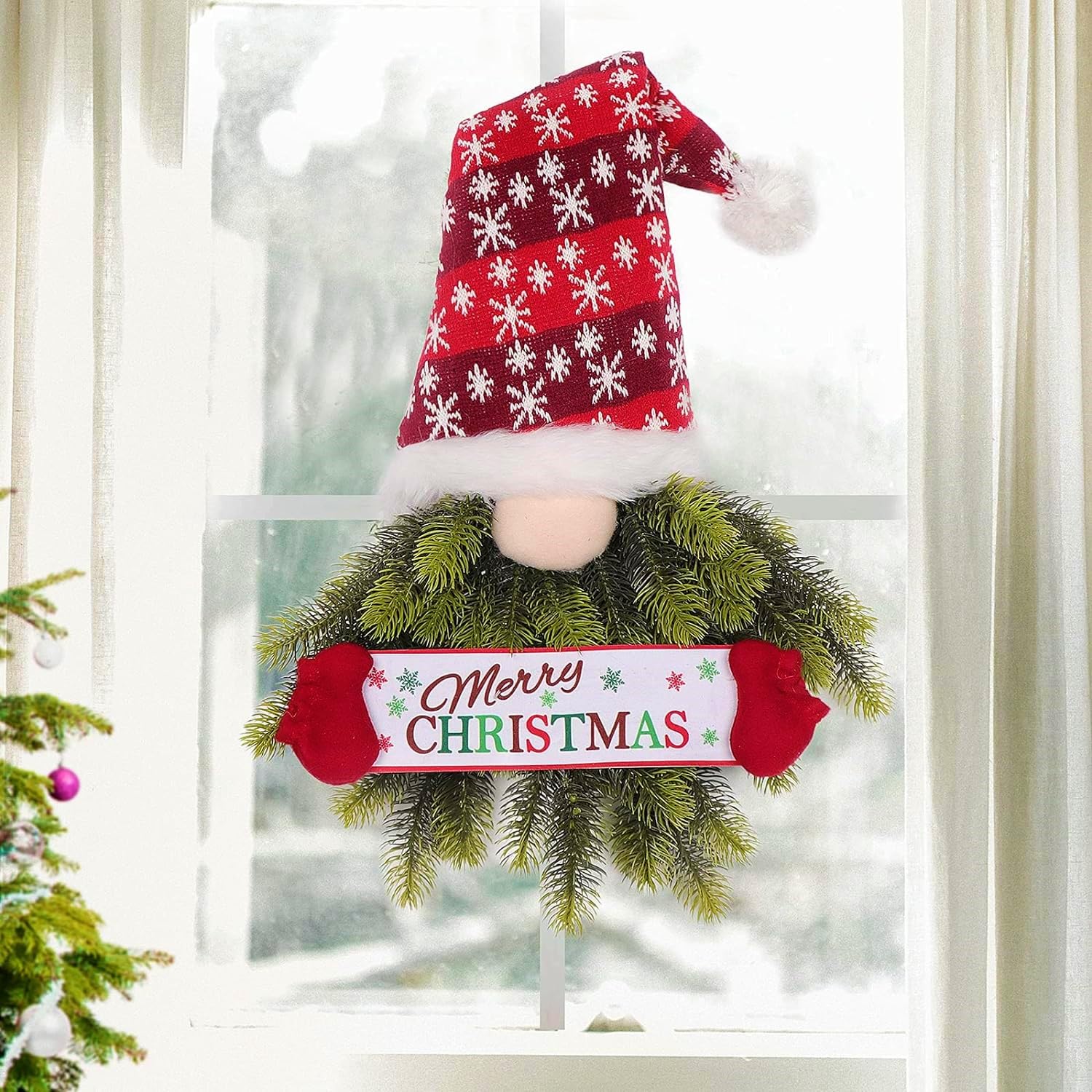 LATERN Christmas Gnome Wreath, 70CM Santa Gnome Christmas Hanging Wreath Artificial Pine Spruce Wreath with Swedish Tomte for Xmas Front Door Wall Window Fireplace Decoration