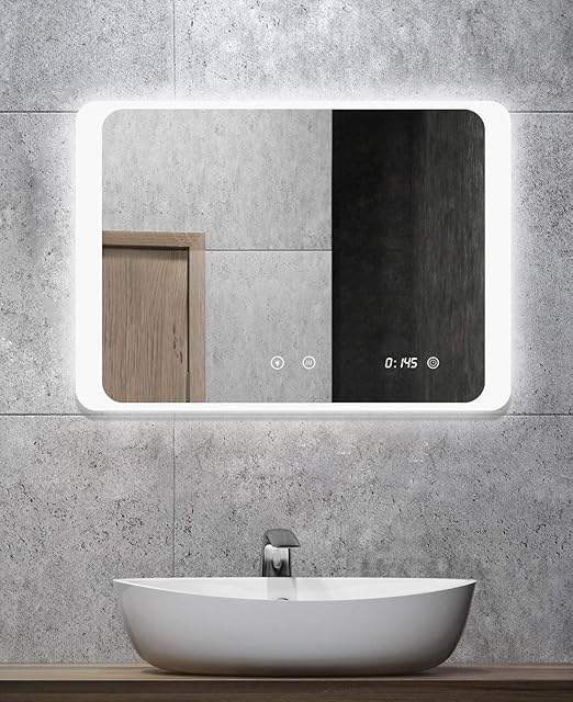 Alldrei Badspiegel Mit Beleuchtung Ad025a Antibeschlag Badezimmerspiegel Mit Digitale Uhr Led Licht Touch Schalter Waagerecht Montage 70 X 50 Cm Ip44 Weiss Lumen 1440 Energieklasse A Amazon De Baumarkt