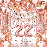 22nd Birthday Decorations for Women, Rose Gold 22 Birthday Party Decorations Include Heart Star Foil Confetti Balloons, Rose Gold Fringe Curtain, Hanging Swirls