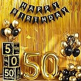Sllyfo 50th Birthday Decorations for Men Women, Black Gold 50th Birthday Balloons Boxes Party Favors, 50 Balloons Happy Birthday Banner Kit, Tassel Curtain, 50 Year Old Bday Decoration Box