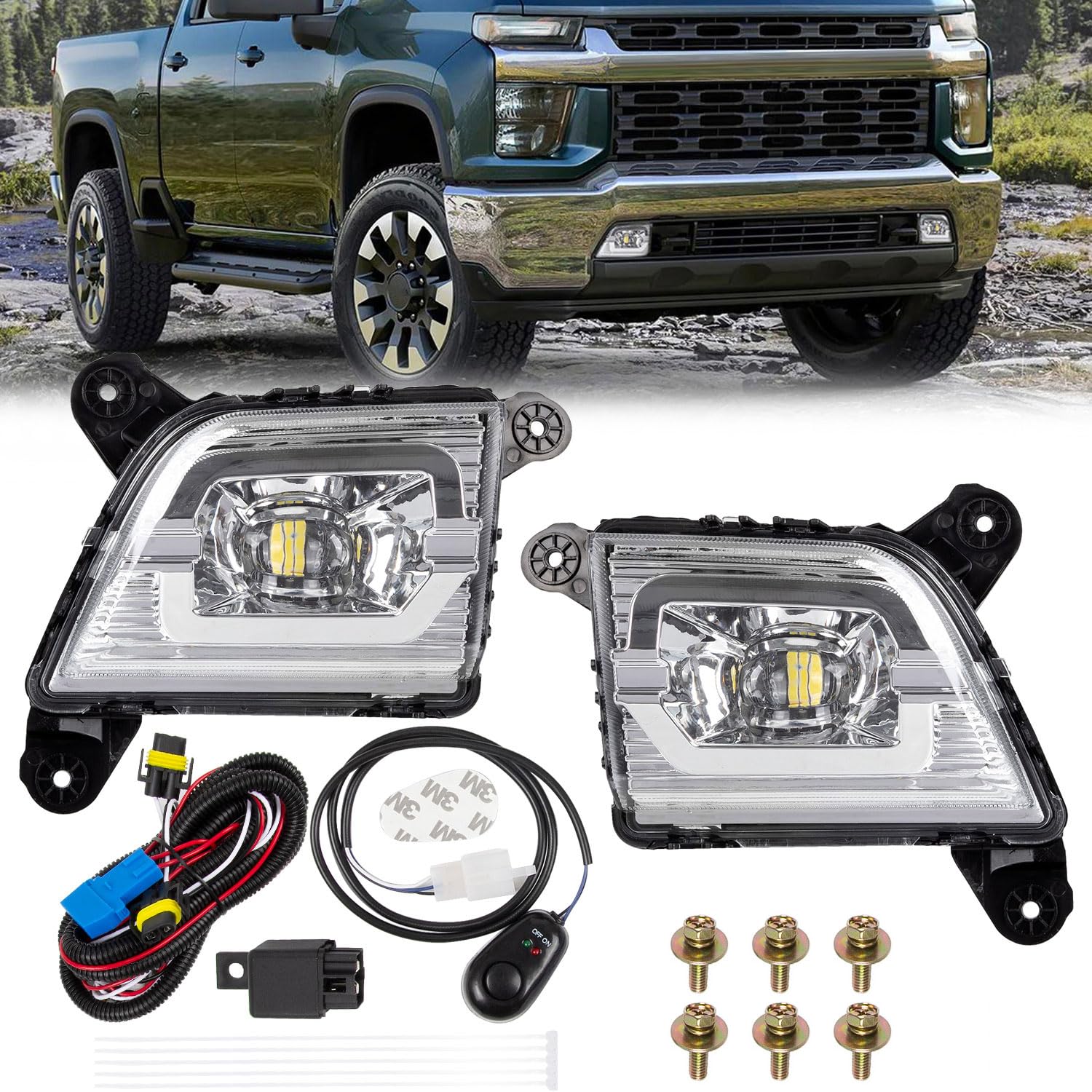 Photo 1 of RANSOTO LED Fog Lights for 2019-2023 Chevy Silverado 1500 2500HD 3500HD, Front Bumper Driving Fog Lamps Assembly with Switch & Wiring Harness Kit, Waterproof IP67 White Foglights Replacement (Pair)