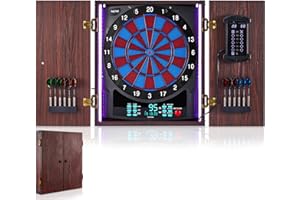PAETAE Electronic Dart Board with Cabinet Set, Electric Digital Dart Boards for Adults with Light Strips, Soft Tip Dartboard Cabinet Door with Large Cricket Display and Darts Storage for 12 Darts