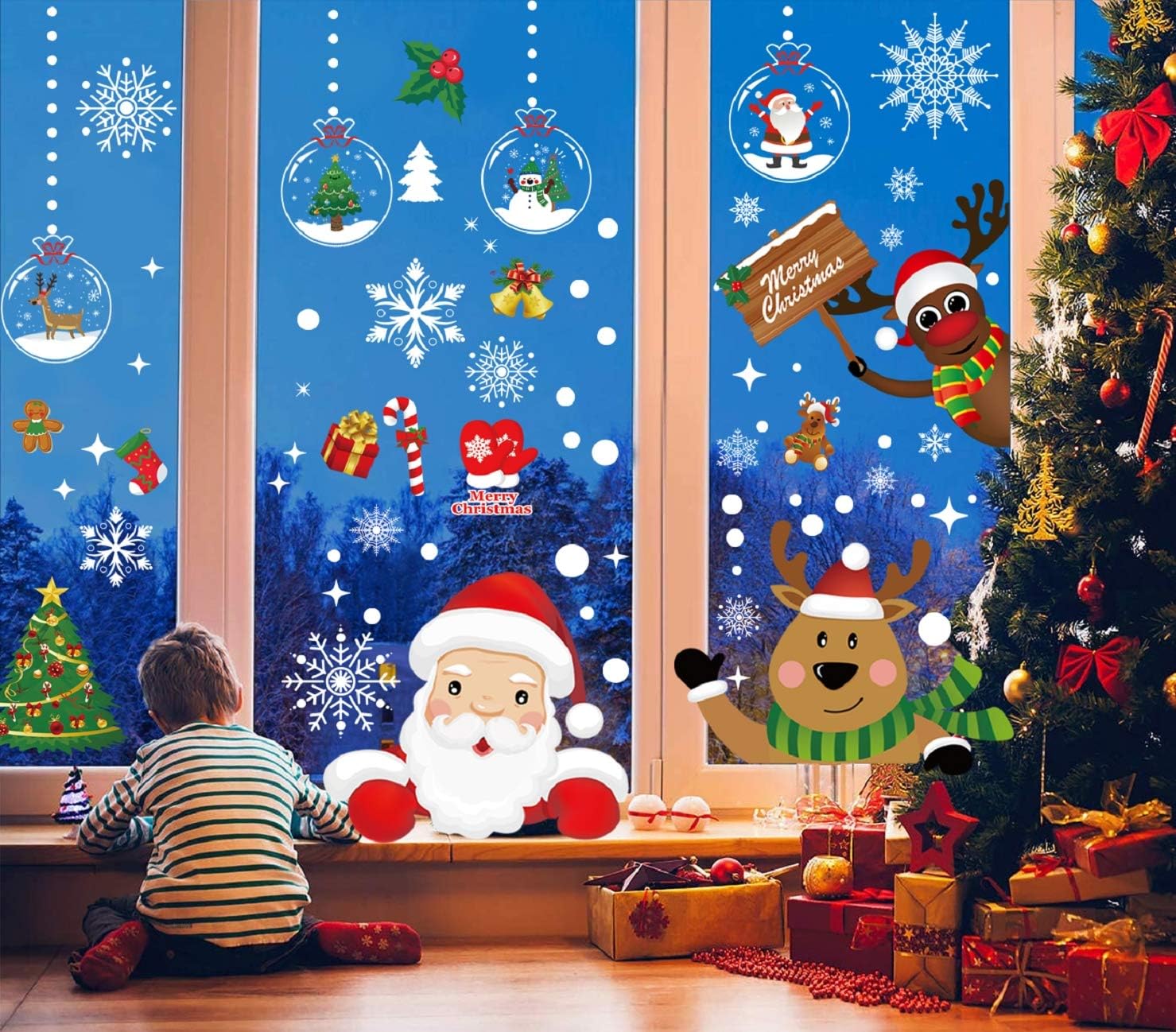 YUSONGIRL 167PCS Christmas Santa Claus Elk Window Clings Decals Window