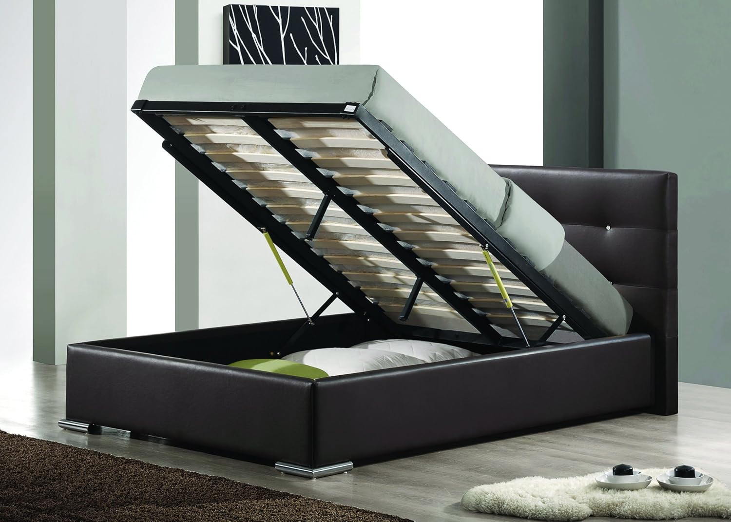 Harper Faux Leather Ottoman Storage Bed with Diamante Headboard and