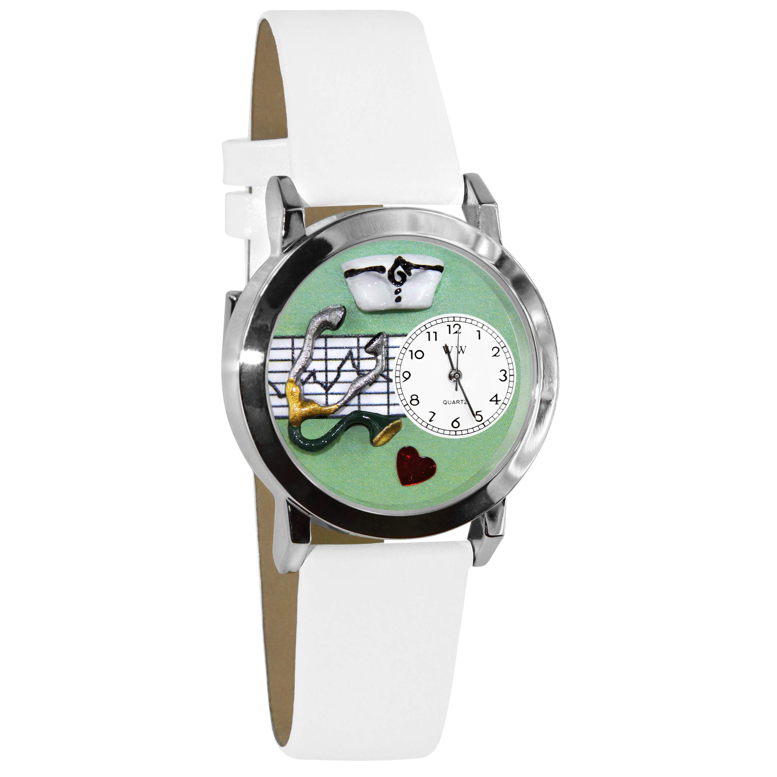 Whimsical Watches Nurse Green White Leather and Silvertone Unisex Quartz Watch with White Dial Analogue Display and Multicolour Leather Strap S-0610031