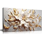 CPKATMT Flower Painting Wall Decor Living Room White and Gold Wall Art for Bedroom Modern Art Wall Decor Office Size 20" x 40"