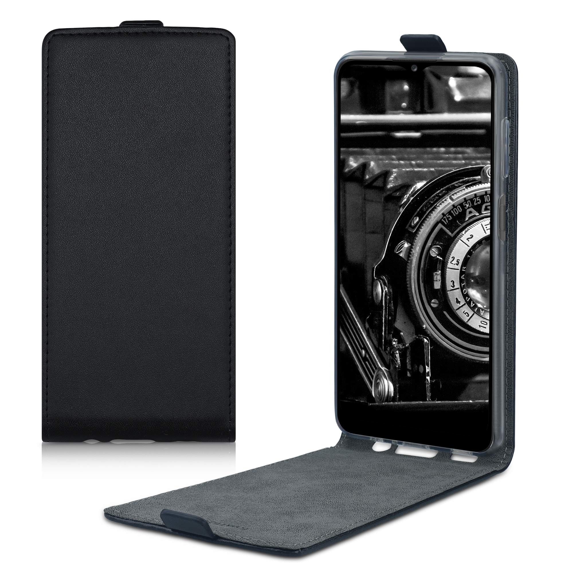 kwmobile Vertical Flip Case Compatible with Samsung Galaxy A12 - Case PU Leather Protective Flip Cover with Magnet - Black