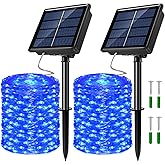 JosMega 2 Pack Solar Powered Fairy String Lights Outdoor Waterproof 8 Modes Twinkle Christmas Decorations Lights, Each 33ft-100LED, 40ft-120LED, 66ft-200LED, 80ft-240LED, (Blue, 33)