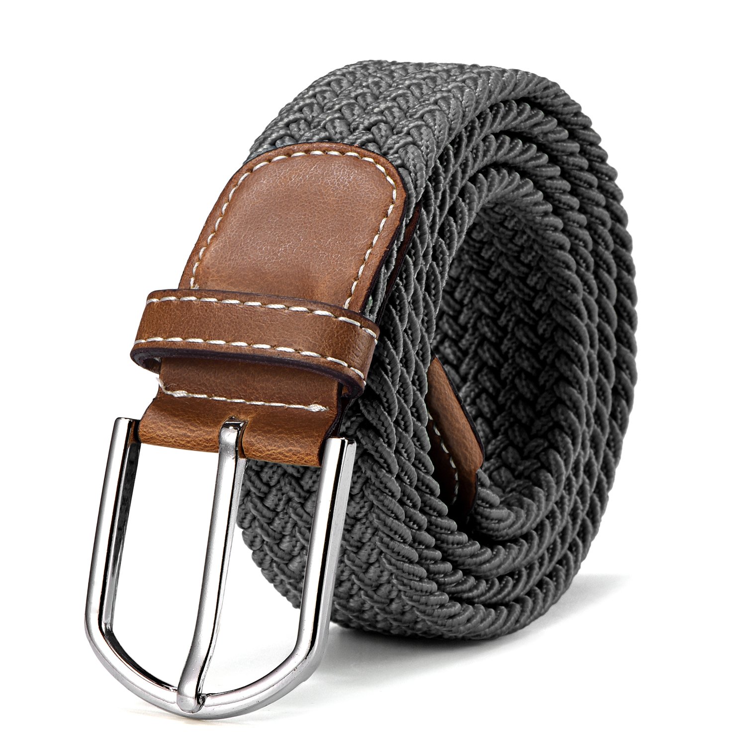 DonDon Braided stretch belt elastic for women and men length 39 to 51 inch - 100 cm to 130 cm grey