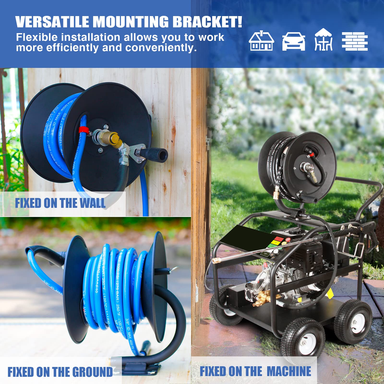 MEKOH 150FT Manual Pressure Washer Hose Reel – Heavy Duty 4500PSI, Fits 3/8" & 1/4" Hoses, Wall/Trailer/Van Mount