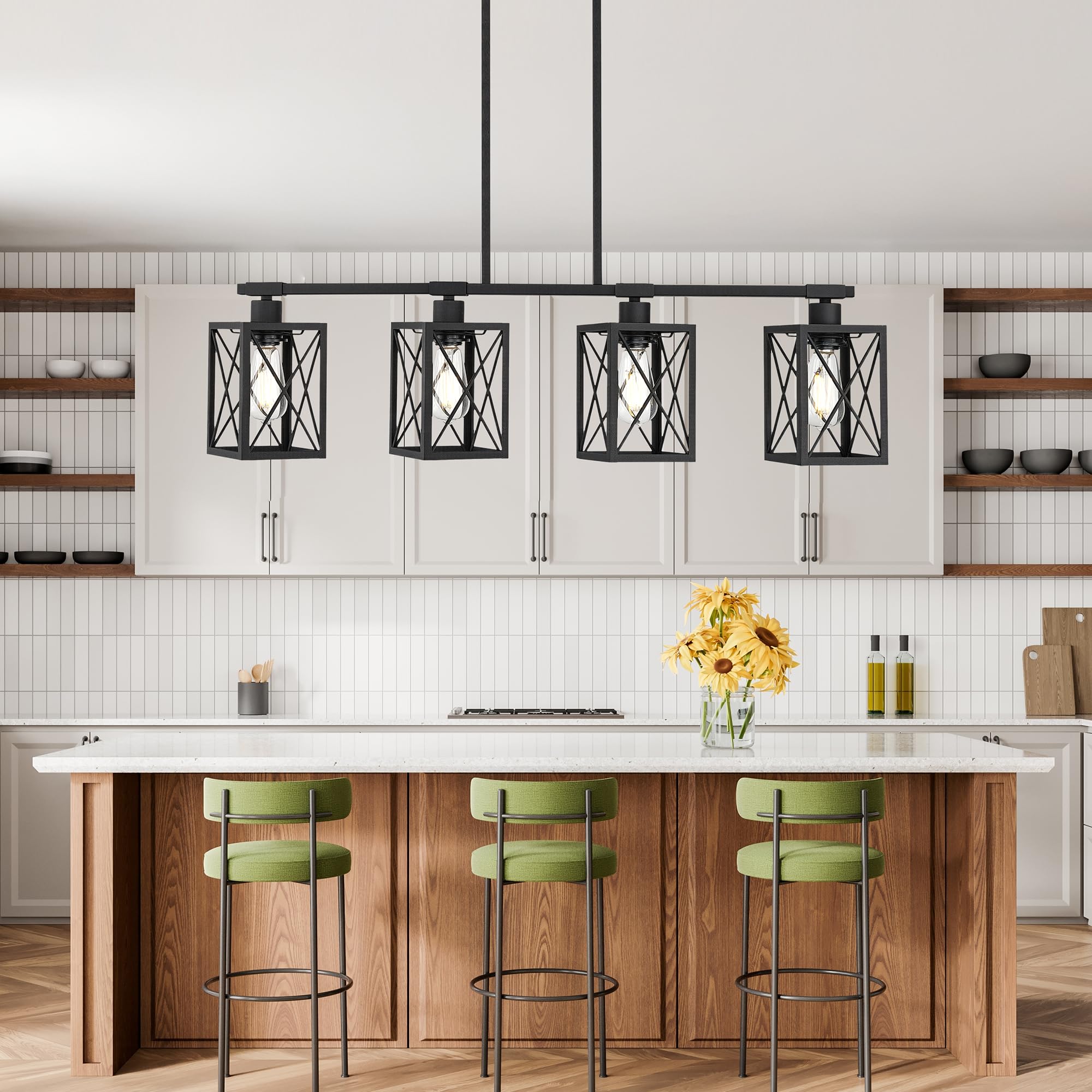 Photo 1 of Ken & Ricky 34.2" Kitchen Island Lighting, 4-Light Pendant Light for Dining Room, Farmhouse Chandeliers with Adjustable Height, Matte Black Finish, KR3374-C-BK-4