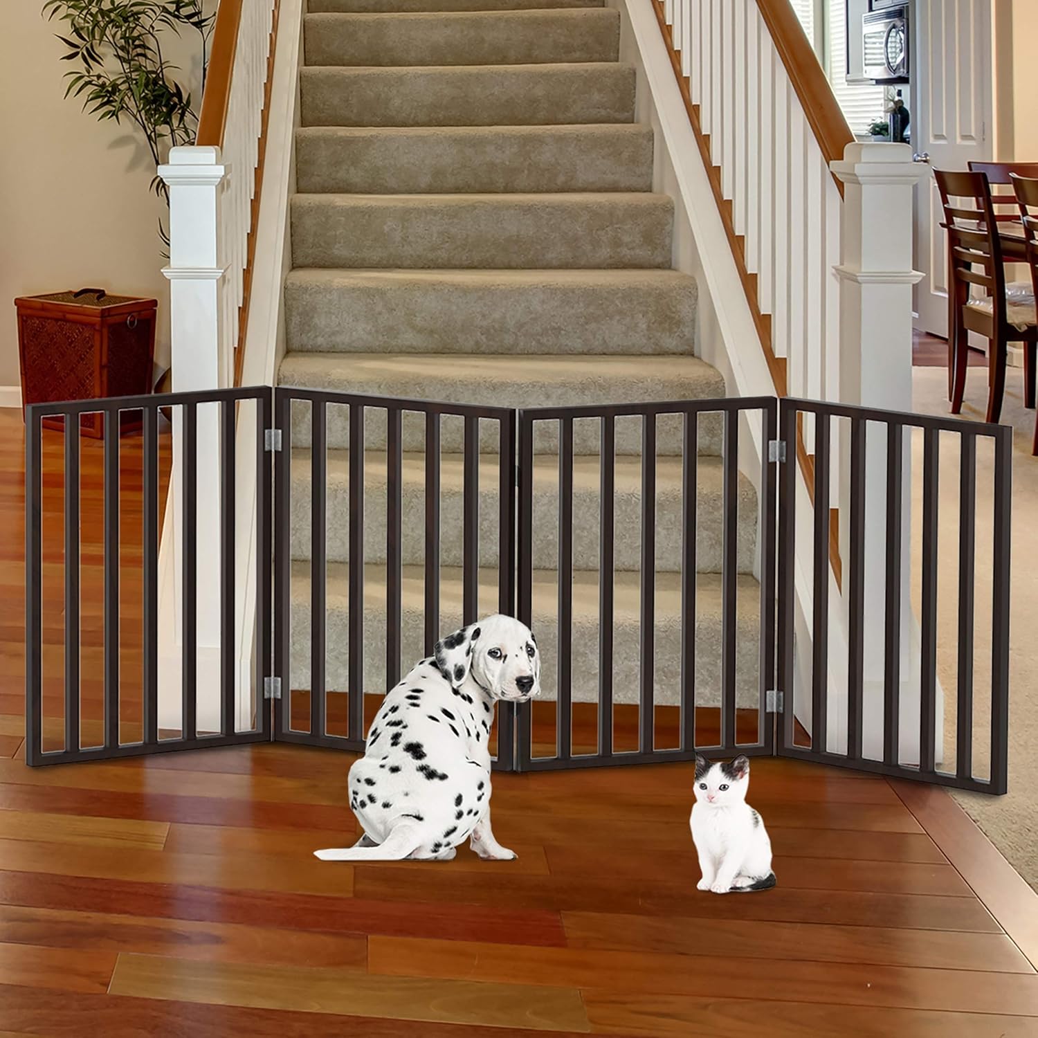 PETMAKER Wooden Pet Gate- Foldable 4-Panel Indoor Barrier Fence, Freestanding & Lightweight Design for Dogs, Puppies, Pets- 72 X24 (Brown Stain) : Pet Supplies