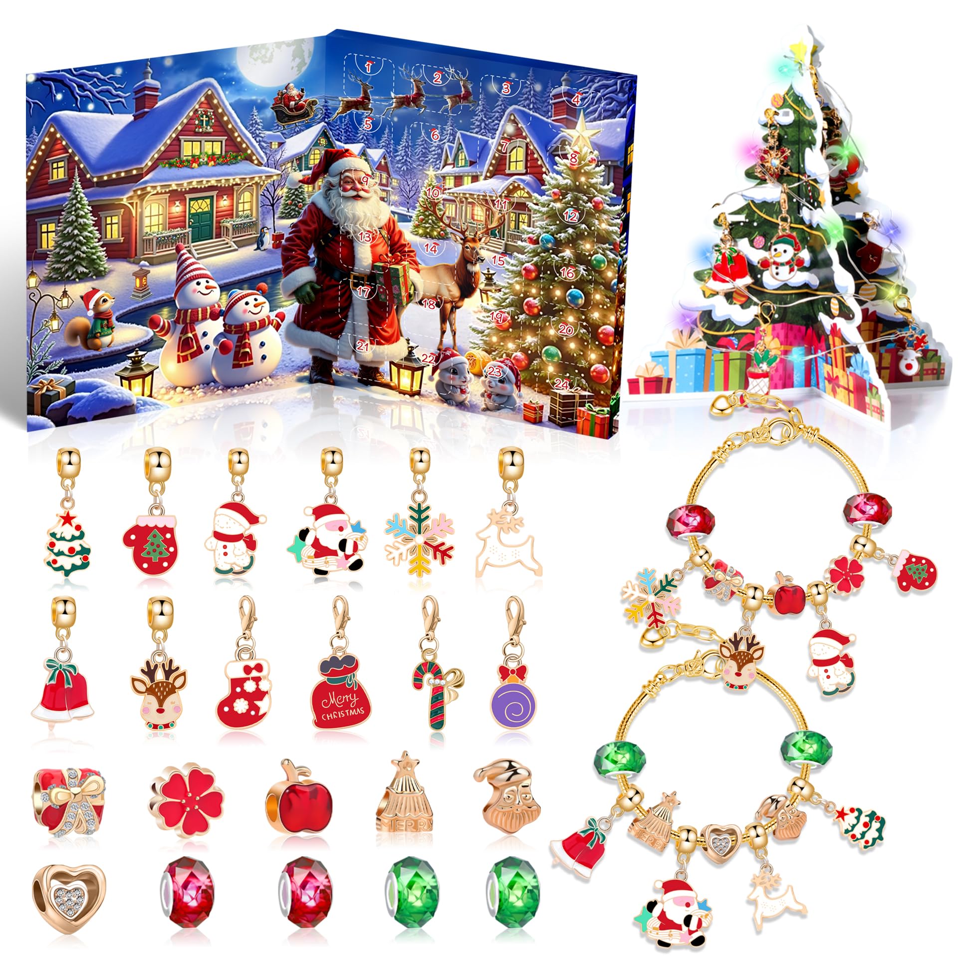 Christmas Advent Calendar Bracelets for Kids - 24 Day DIY Jewelry Making Kit with 22 Charm Beads & 2 Adjustable Bracelets - Advent Calendar for Girls,Creative Gift for Kids,Teens,Women