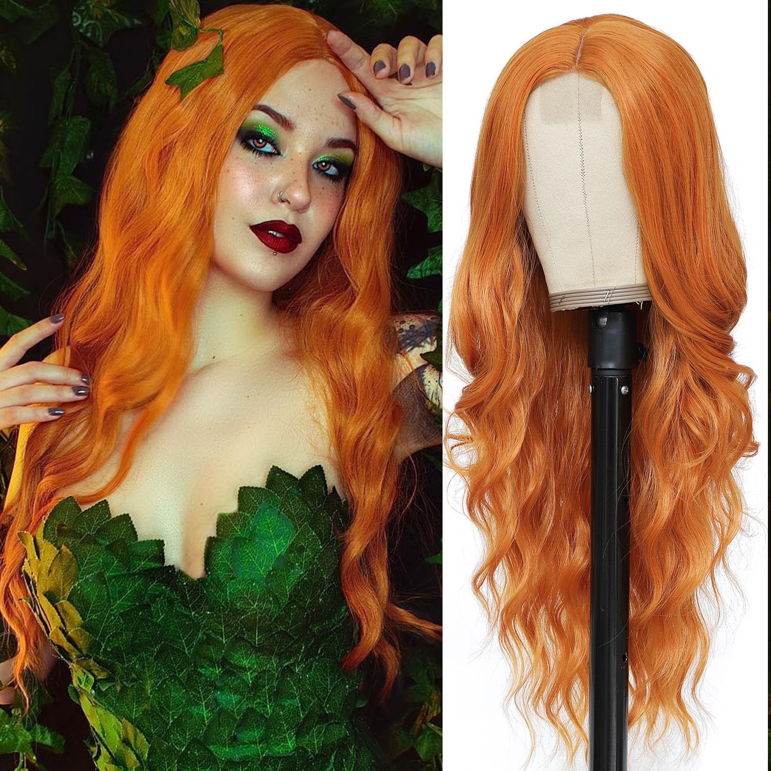 Photo 1 of 26 Inch Long Ginger Wig for Women Synthetic Orange Lace Front Middle Part Wavy Wigs Body Wave Heat Resistant Wig for Daily Party Use Halloween Cosplay Wig
