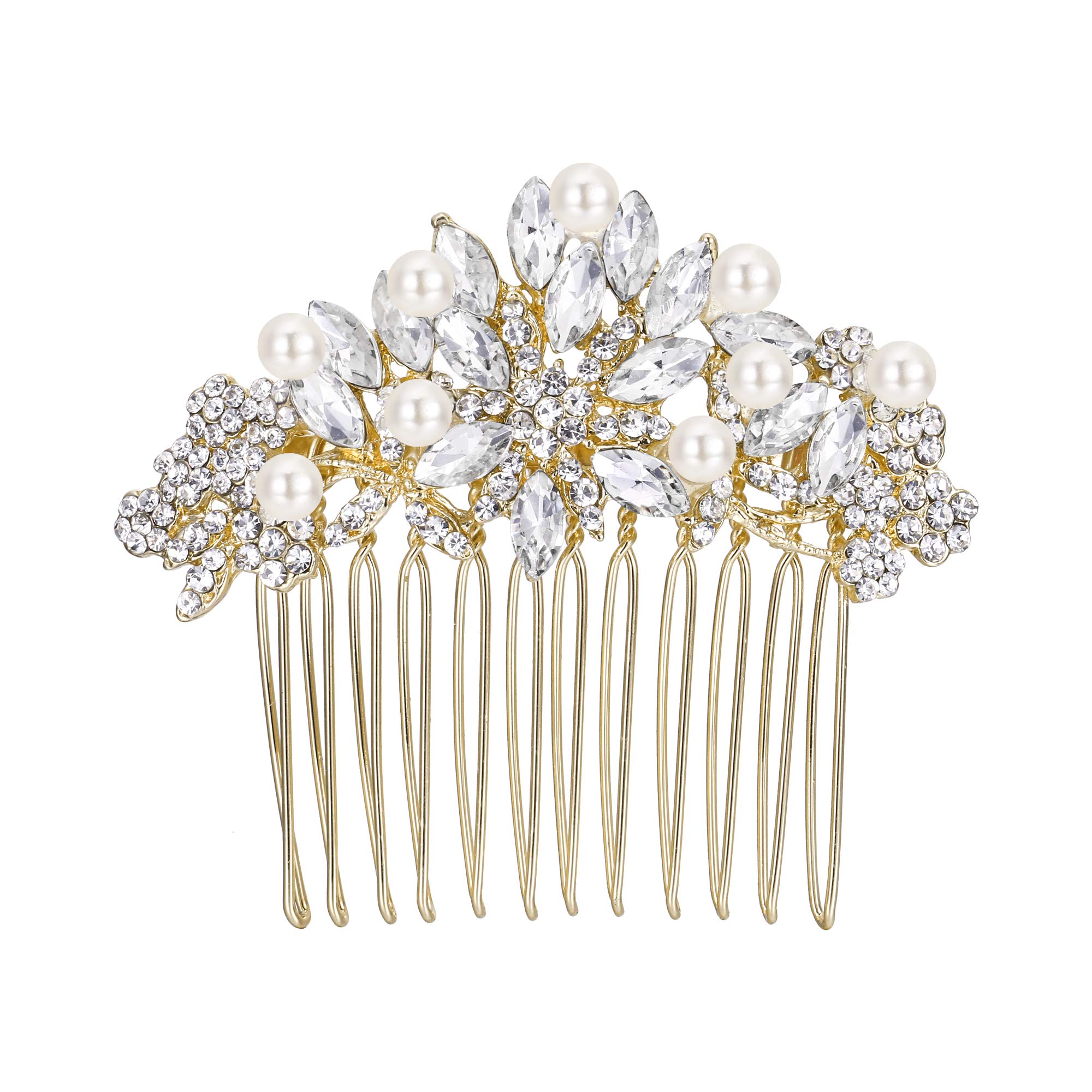 Ever Faith Austrian Crystal Cream Simulated Pearl Bridal Flower Leaf Hair Comb Clear Gold-Tone