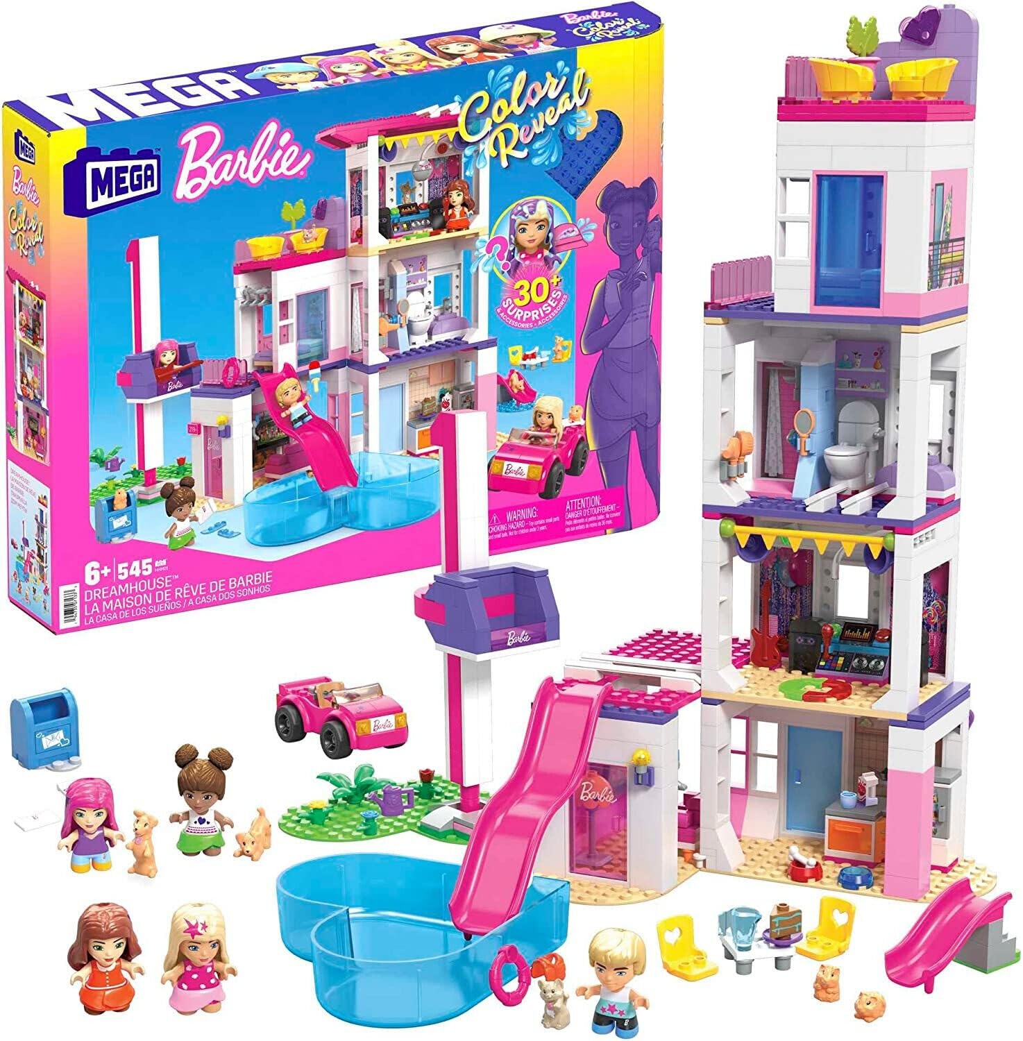 Photo 1 of MEGA Barbie Color Reveal Building Toys Set, DreamHouse with 545 Pieces, 5 Micro-Dolls, 6 Pets and Accessories, 30 + Surprises, Kids Ages 6+ Years