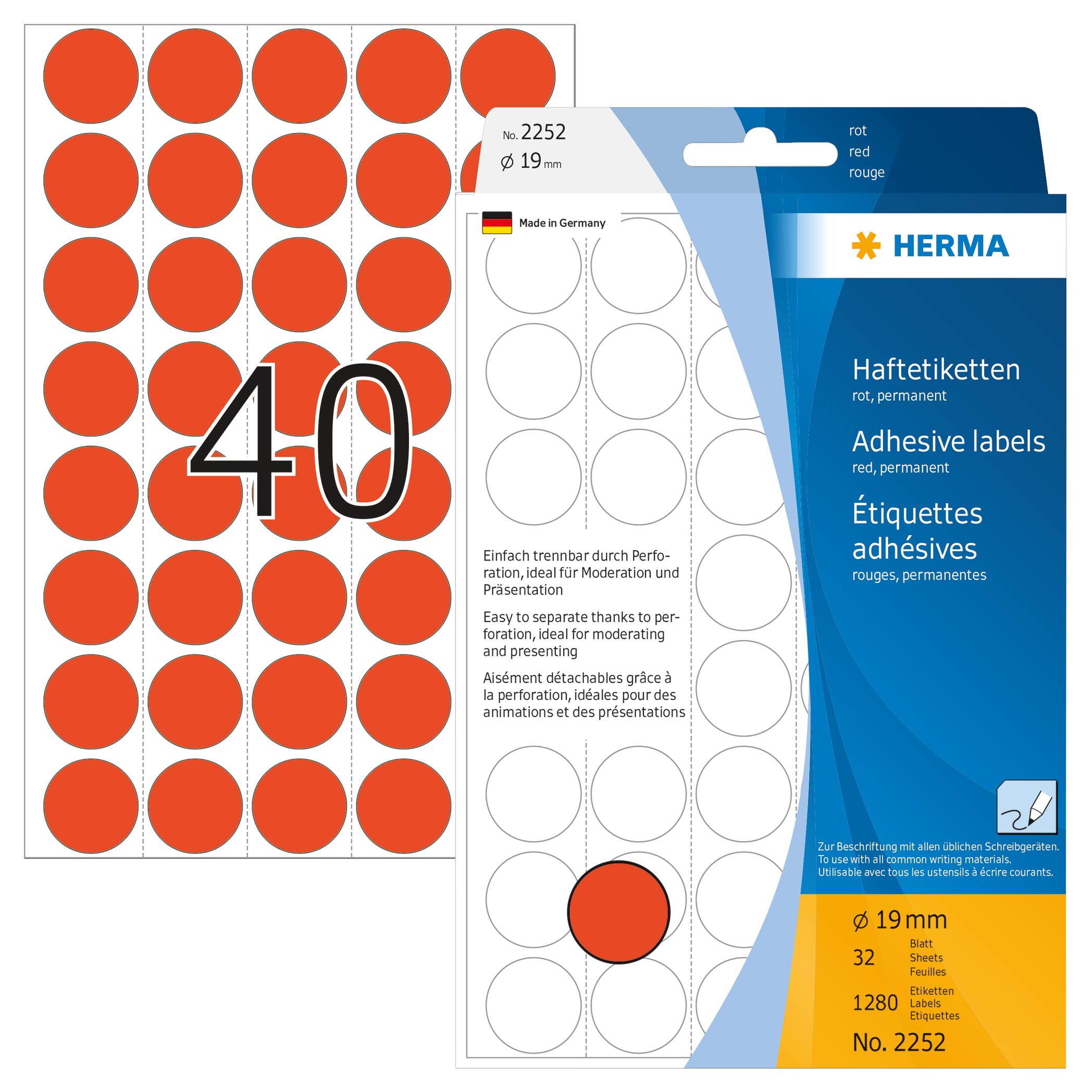 HERMA Dot Stickers Red, 1280 Labels, Ø 19 mm, 40 Labels per Sheet, Self Adhesive Perforated Round Colour Labels Stickers, Blank Marking Dots, Sticky Circle Stickers for Color Coding Calendar