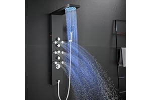 ROVATE LED Shower Panel Tower System with Mist and Rainfall Showerhead, 4-in-1 Shower Tower with Powerful Body Jets and Handheld (Use 4-Function Simultaneously) 304 Stainless Steel Shower Column Black