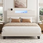 viplov Queen Bed Frame with Charging, LED Boucle Platform Bed, Beige | Upholstered Bed Frame with Storage Headboard, LED Lights, Charging Station, Modern Bedroom Furniture, No Box Spring Needed
