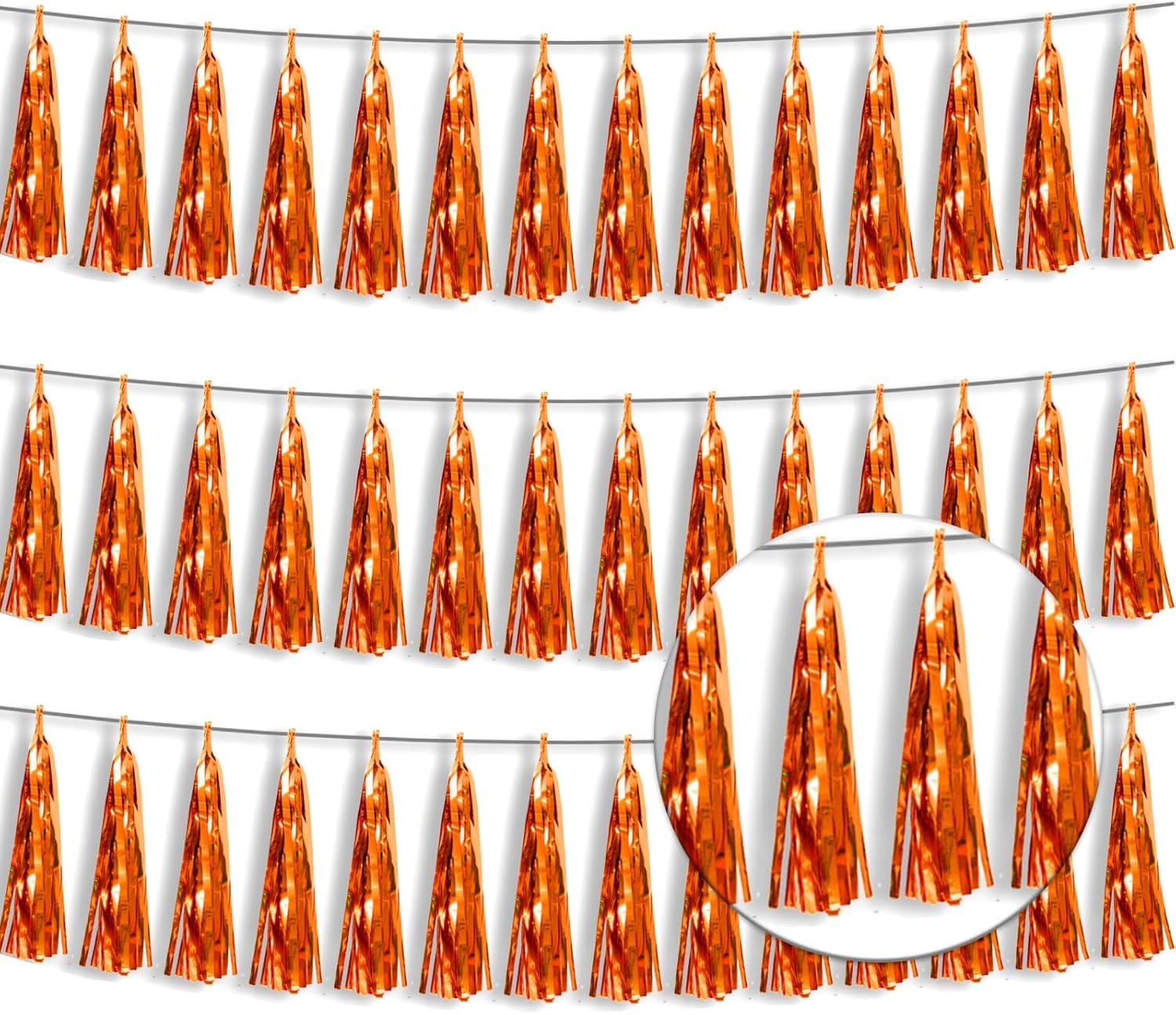 Photo 1 of 3P Metallic Fringe Tassel Banner Garland Foil Tinsel Streamer Wall Hanging Curtain Backdrop Banner for Parade Floats, Halloween Decorations, Christmas Day, Fall, Thanksgiving Party Decoration(Orange)
