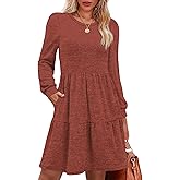 OFEEFAN Womens Long Sleeve Fall Dresses with Pockets Crew Neck Babydoll Casual Winter Dress 2025